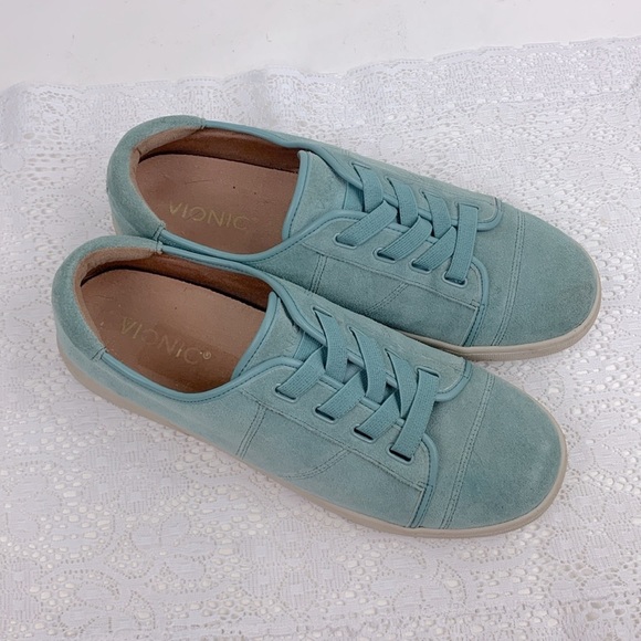 Vionic leather Suede Sneakers Size 8.5 Teal aqua blue green cushioned EUC - Picture 3 of 13